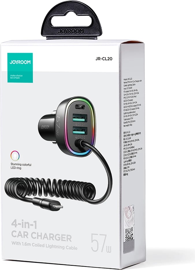 Karikues veture Joyroom JR-CL20, 4 në 1, 57W, me kabllo Lightning 1.6m, i zi