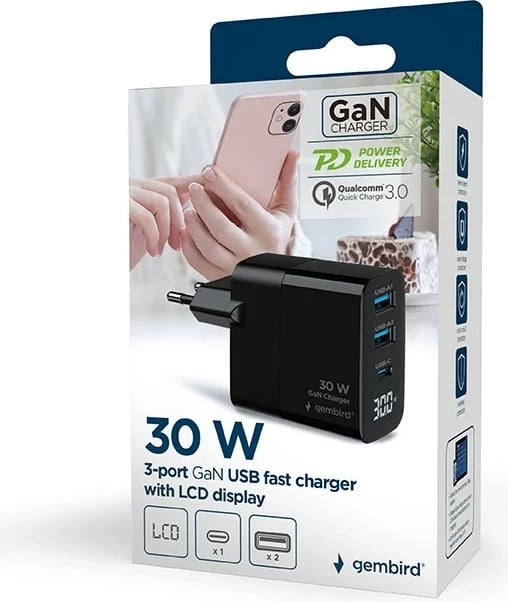 Karikues universal Gembird TA-UC-PDQC30LCD-BK-02 me ekran LCD, 30W, i zi