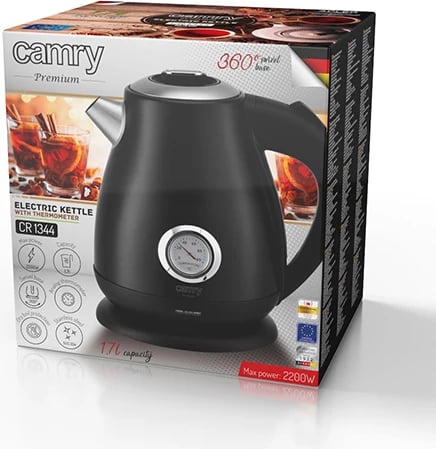 Ujëzjerëse elektrike, Camry CR 1344, 1.7L 2200W, termometër analog, trup çelik inox, e zezë