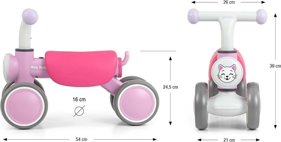 biçikletë pa pedale, Milly Mally, York, 4 rrota EVA 16 cm, dritë LED dhe tinguj, 12–36 muaj, rozë