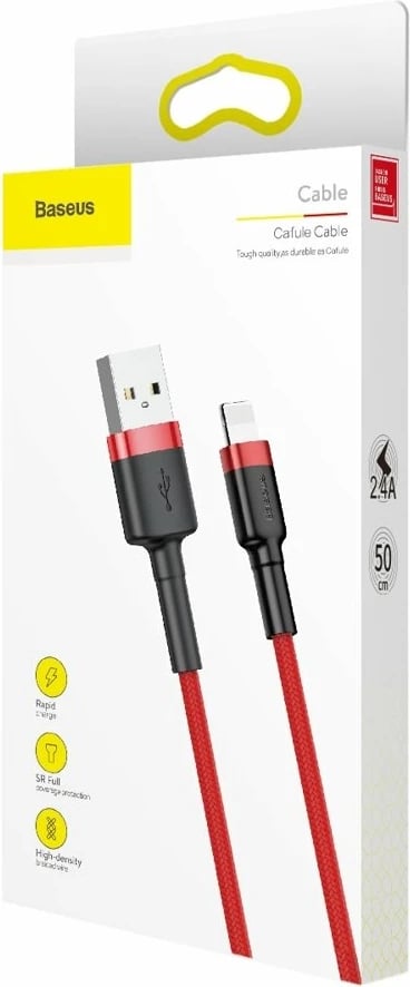 Kabllo Baseus Cafule CALKLF-A09, USB-A në Lightning, 0.5m, 2.4A, e kuqe