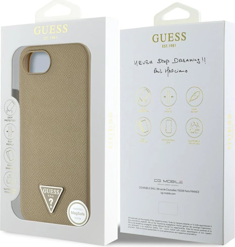 Mbështjellës Guess Grained Triangle MagSafe për iPhone 16e, Kafe Mbështjellës Guess Grained Triangle MagSafe për iPhone 16e, Kafe