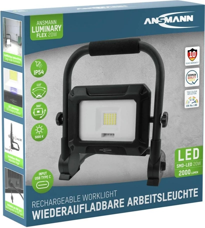 Llambë portabile ANSMANN FL20W-R, LED 20W, 4400 mAh, Alumini, e zezë
