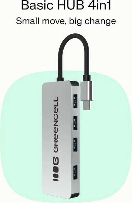 HUB USB-C, Green Cell, HUB-GC-C4A, 4x USB-A 3.0 deri 5 Gb/s, kabllo e integruar 15 cm, argjendtë/zezë