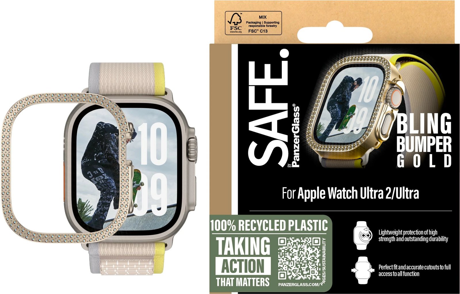 Mbështjellës PanzerGlass SAFE Bling Bumper për Apple Watch Ultra 2, transparent gold