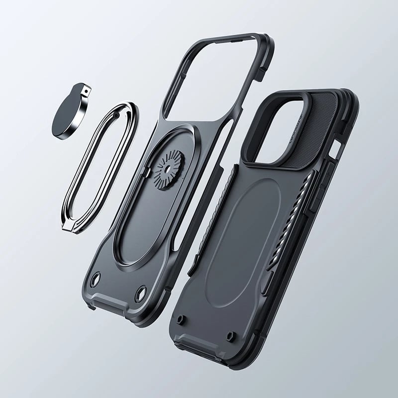 Mbështjellës Joyroom Dual Hinge për iPhone 14 Pro, me mbajtëse dhe unazë, i zi