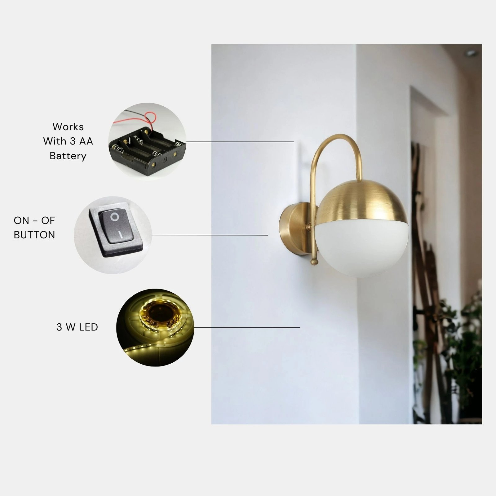 Llambë muri Opviq, model Küre, ngjyrë ari dhe e bardhë, 15cm