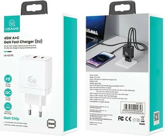 Karikues muri USAMS US-CC178 T58, 45W, 2 porta (USB-C + USB-A), i bardhë