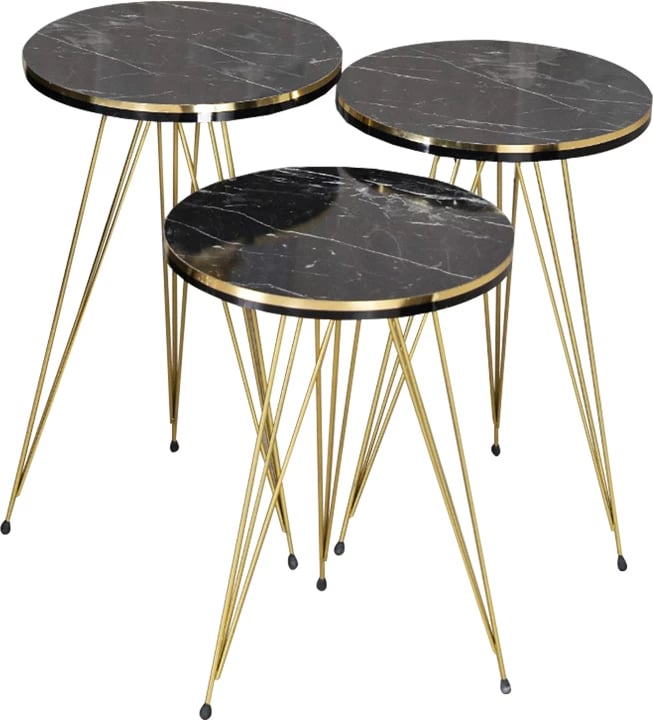 Tavolina anësore Wakmi set 3 copë mermer i zi melaminë-metal i artë