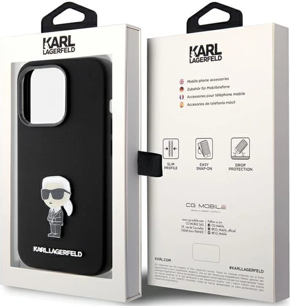 Mbështjellës Karl Lagerfeld Silicone Ikonik Metal Pin për iPhone 15 Pro, i zi