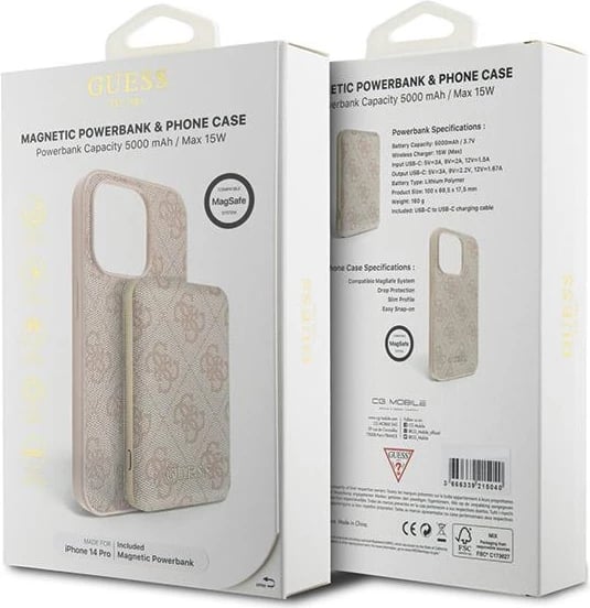 Mbështjellës Guess 4G Metal Logo me powerbank MagSafe 5000mAh për iPhone 14 Pro, Rozë, Set