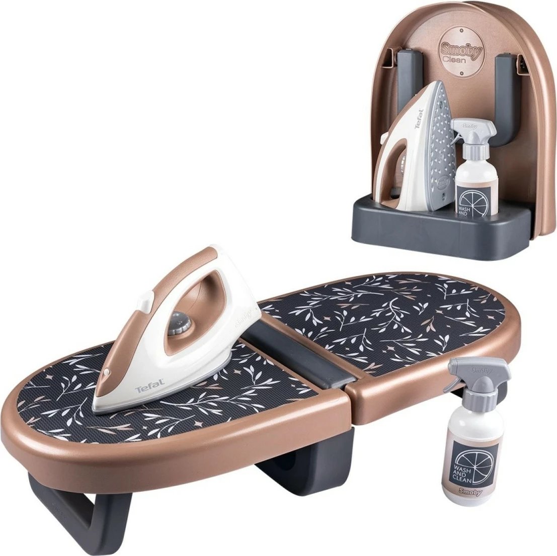 Set lodrash dërrasë hekurosjeje palosëse Smoby MiniTefal me hekur dhe sprucues, për fëmijë, zi/kafe/e bardhë