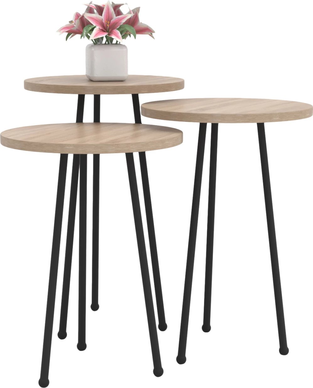 Set tavolina anësore rrethore, KISSA, FH18174.03, melaminë, ngjyrë Sonama, këmbë metalike të zeza