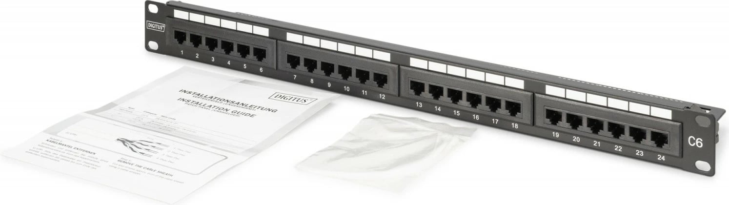 Patch Panel, Digitus DN-91624U-CR, 19" 1U, 24x RJ45 CAT 6 UTP, LSA vertikal me udhëzues kabllosh dhe fusha etiketime, e zezë