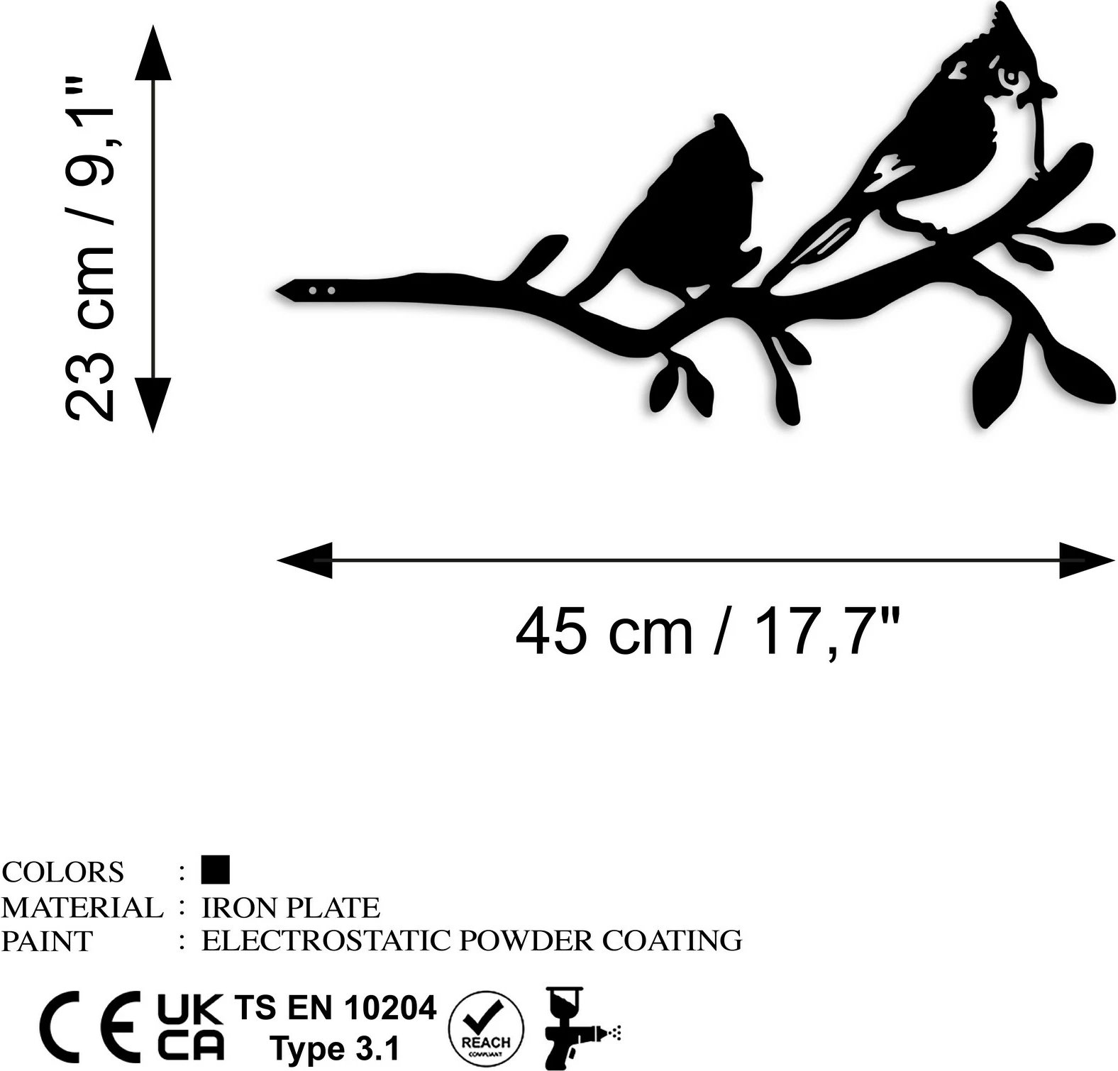 Dekor për kopsht, zogj në degë, ngjyrë e zezë, Aberto Design, 45x23cm