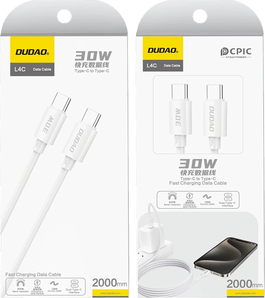 Kabllo USB-C në USB-C Dudao L4C, 1.2m, 30W, Bardhë