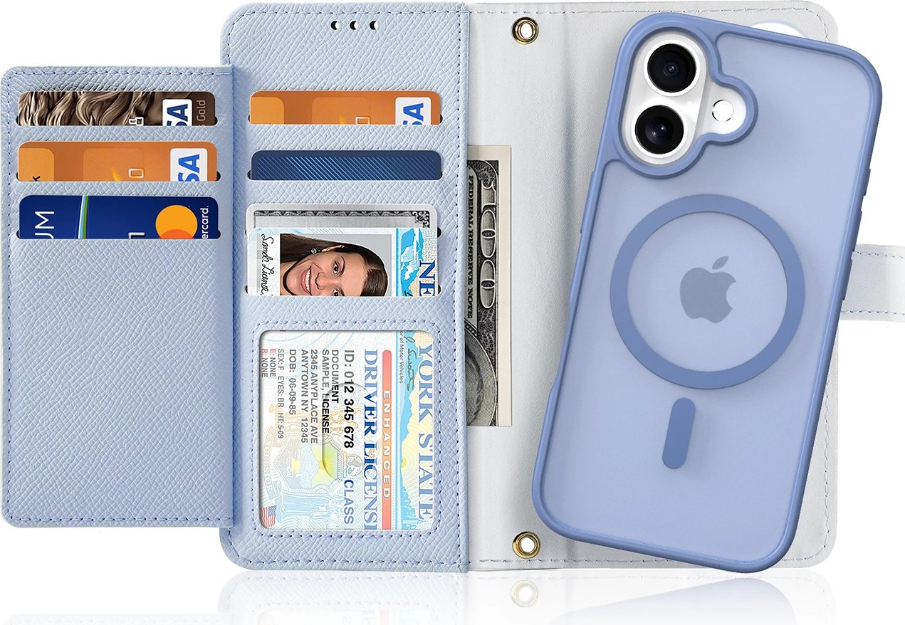 Mbështjellës Dux Ducis Lawa për iPhone 16, me portofol magnetik të ndashëm, lëkurë, kaltër