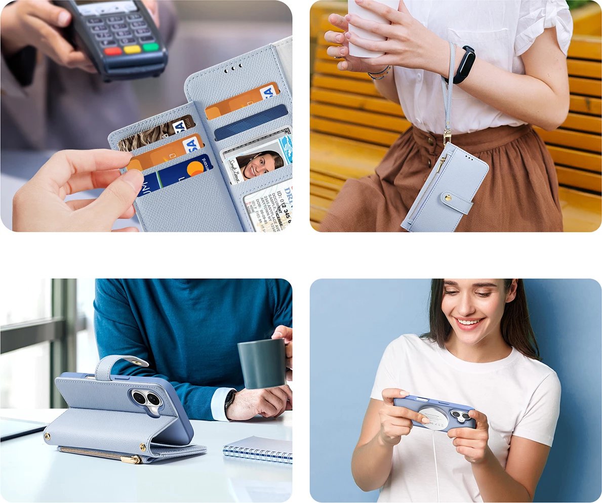 Mbështjellës Dux Ducis Lawa për iPhone 16, me portofol magnetik të ndashëm, lëkurë, kaltër