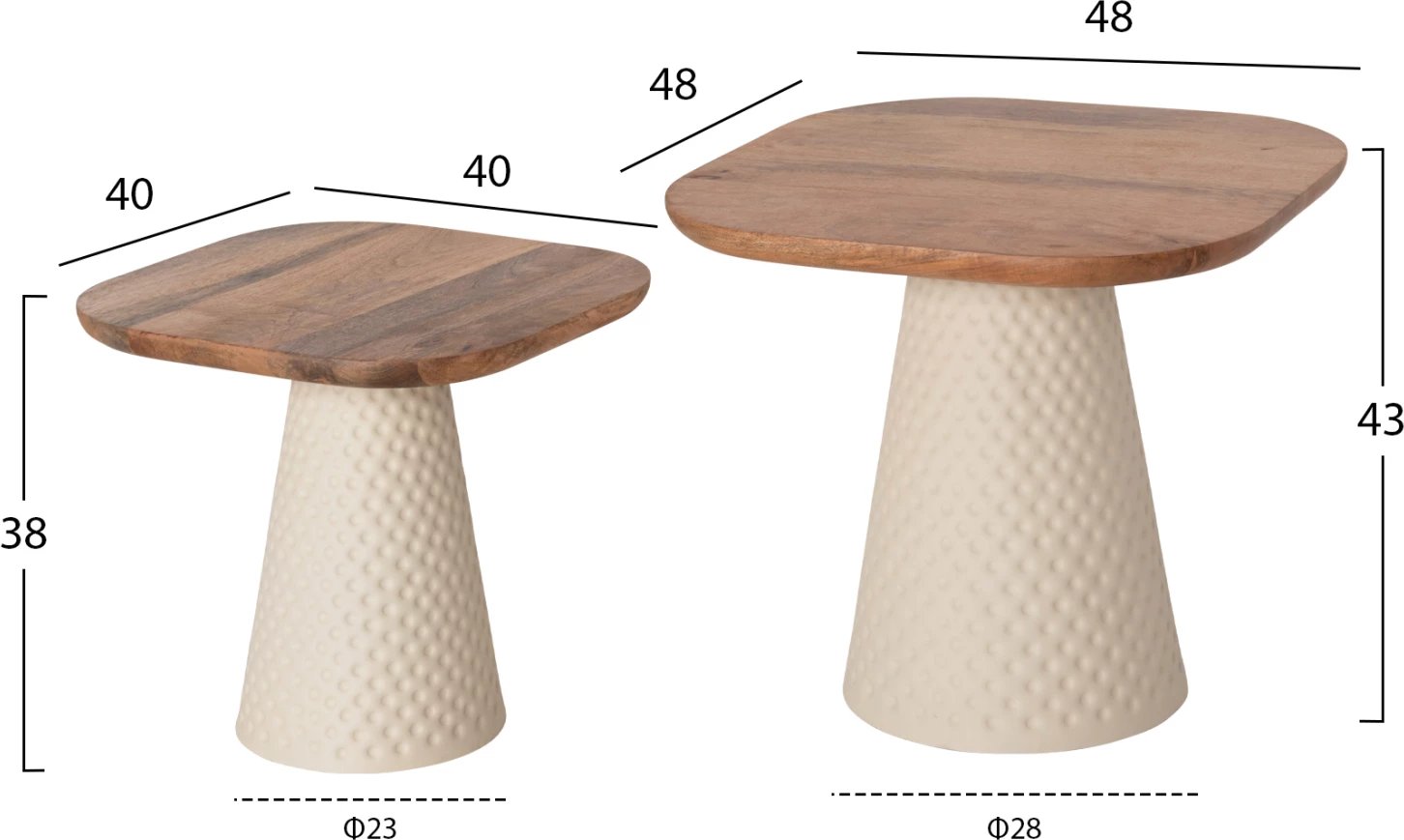 Tavolina kafeje 2 copë GOLFER, bazë metalike, ngjyrë fildishi, sipërfaqe mango katrore