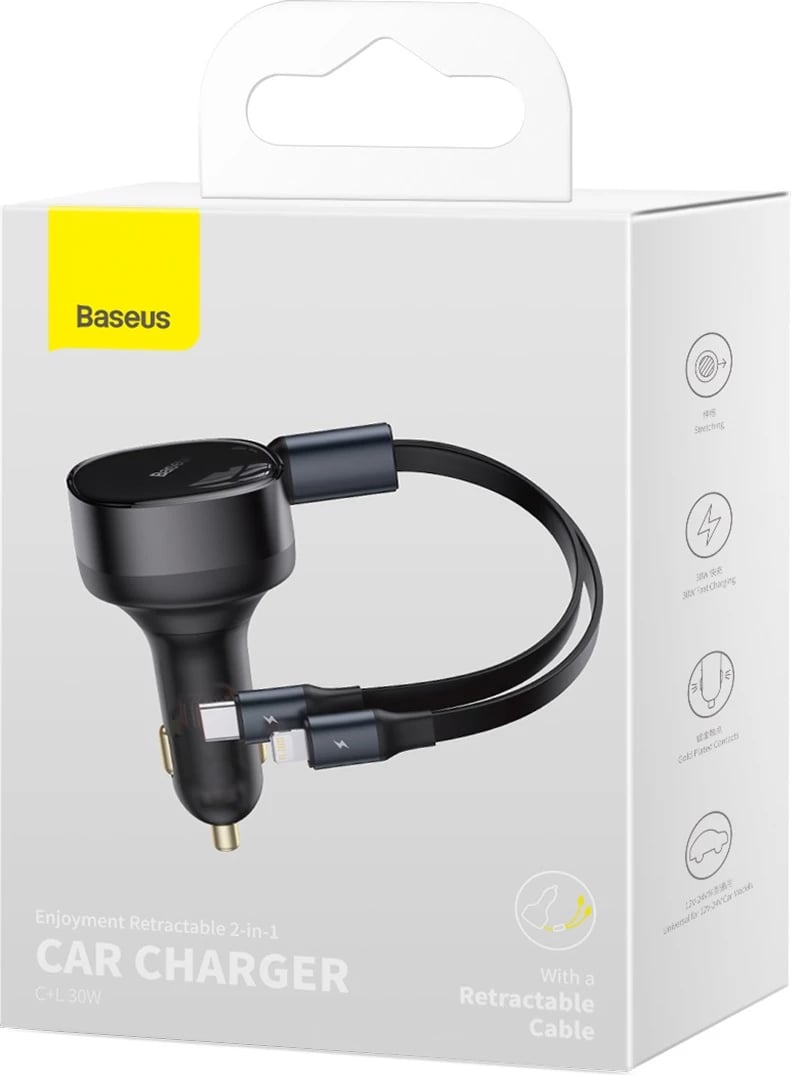 Karikues veture Baseus Enjoyment 2in1, 30W, me kabllo USB-C dhe Lightning, i zi