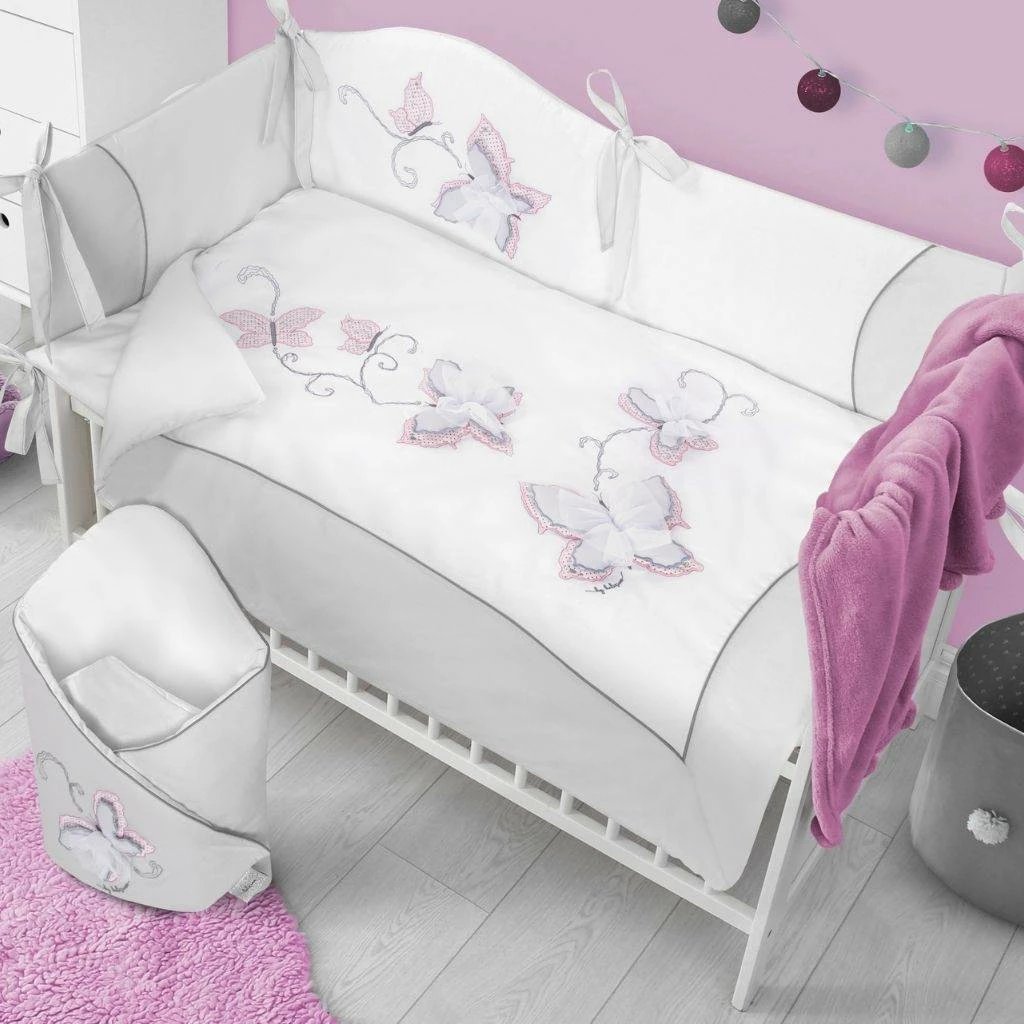 Set shtrojash krevat bebe, Belisima, Butterfly, 5 copë, jorgan 90x120 cm, këllëf jastëku 40x60 cm, mbrojtës 180 cm, gri