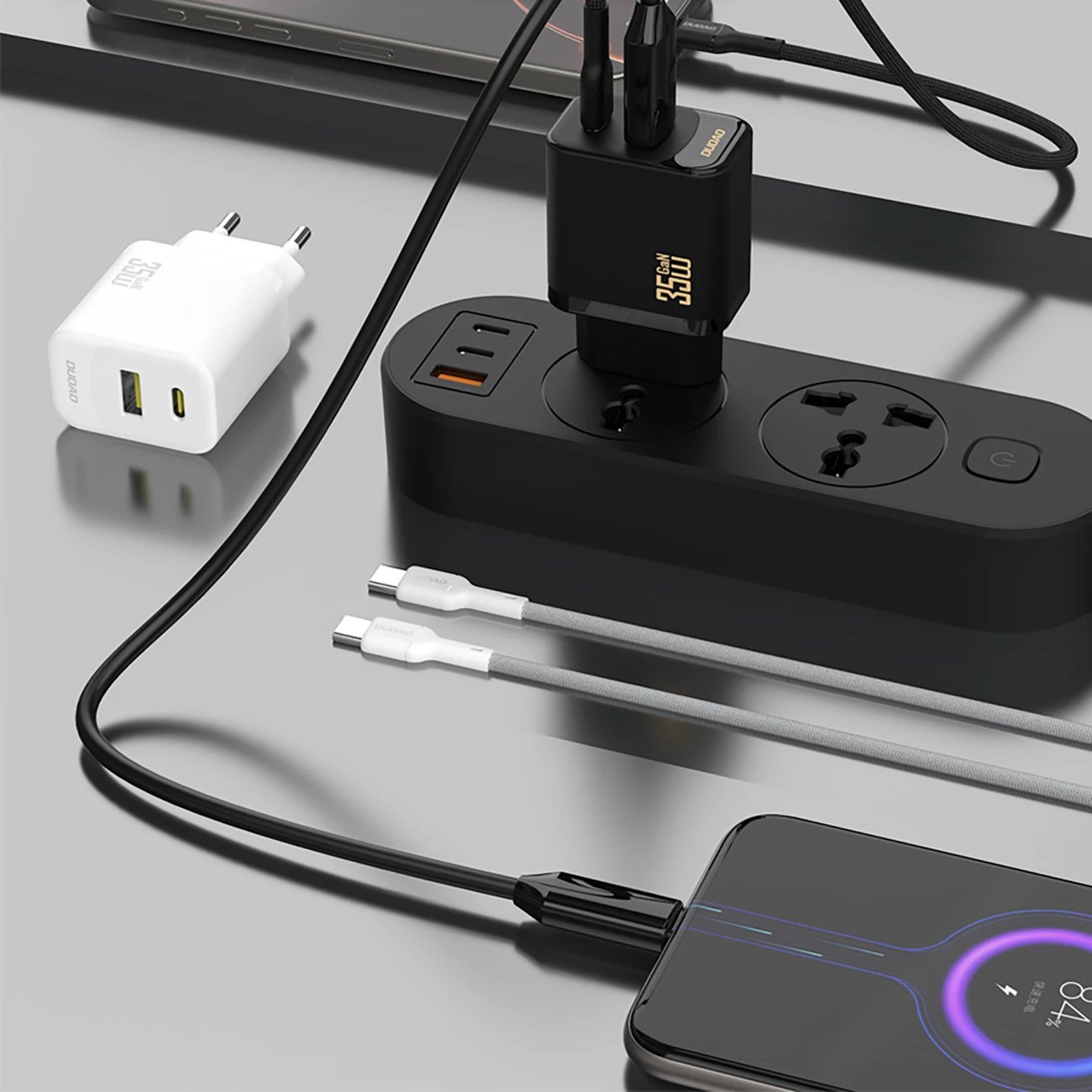 Karikues muri, Dudao A27MaxCEU, 35W PD/QC, 2 porta USB-C/USB-A, prizë EU, me kabllo USB-C 1 m, i bardhë