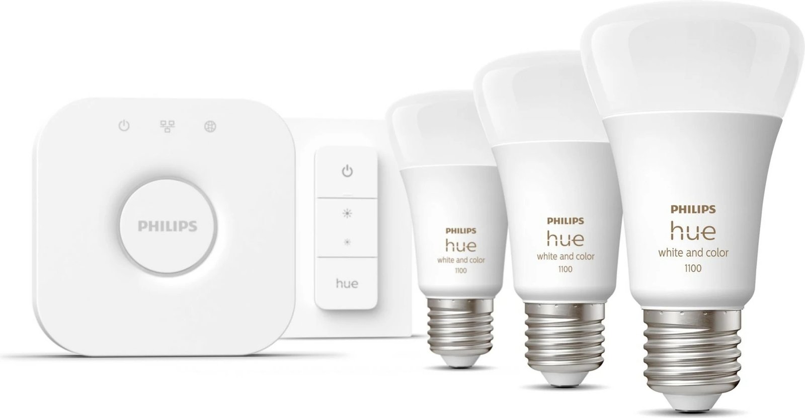 Kit ndriçimi i mençur Philips Hue, 3 llampa E27, dimmer switch, Bluetooth/Zigbee, Bardhë Kit ndriçimi i mençur Philips Hue, 3 llampa E27, dimmer switch, Bluetooth/Zigbee, Bardhë
