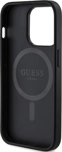 Mbështjellës Guess 4G Collection Leather Metal Logo MagSafe për iPhone 14 Pro, e zezë
