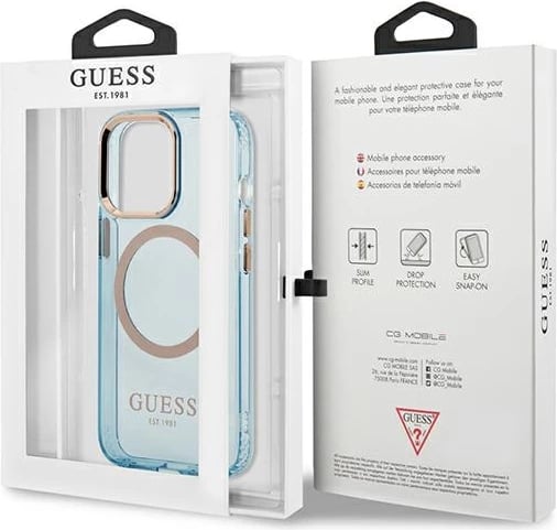 Mbështjellës Guess Gold Outline Translucent MagSafe për iPhone 13 Pro / iPhone 13, Blu
