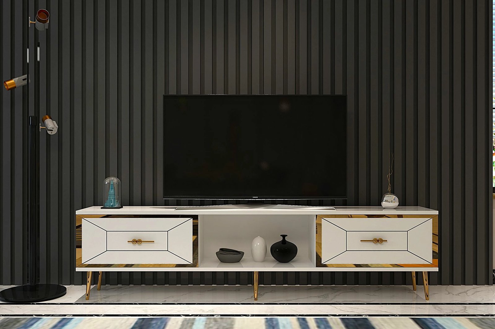 Komodë TV Skye Decor, Arno, e bardhë, ari