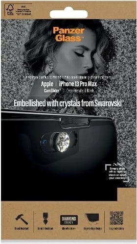 Xham mbrojtës PanzerGlass E2E Microfracture me mbulesë kamere dhe kristal Swarovski për iPhone 13 Pro Max, Kornizë e zezë