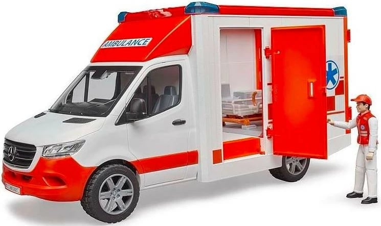 Lodër ambulancë BRUDER Mercedes-Benz Sprinter me figurë paramediku, 1:16, Kuqe/Bardhë