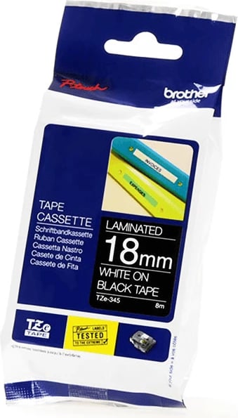 Shirit etiketues i laminuar, Brother, TZe-345, 18 mm 8 m, bardhë mbi të zezë