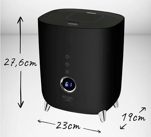 Lagështues ultrasonik, Adler, AD 7972, depozitë 4L, kapacitet 150-300 ml/orë, zonë deri 35 m2, ekran LED me touch, timer, aromaterapi, i zi