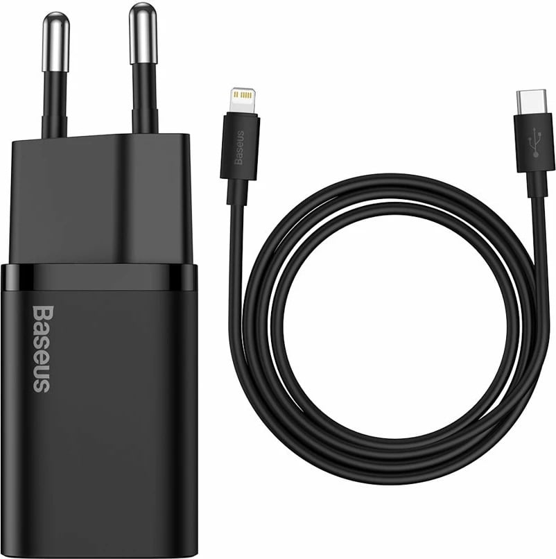 Karikues muri Baseus Super Si 1C, 20W, USB-C, me kabllo USB-C në Lightning 1m, Zi