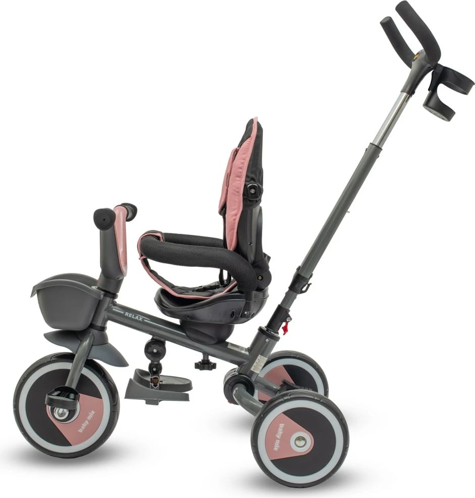 tricikletë fëmijësh 5n1 me shufër udhëzuese, BABY MIX RELAX, sedilje rrotulluese 360°, kornizë çeliku, rrota EVA, rozë