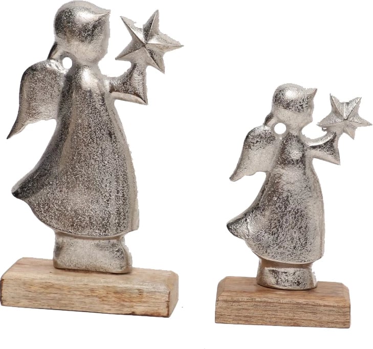 Dekor për Krishtlindje, engjëll me yll, alumin argjendi, dru mango natyral, 5x10x18cm Dekor për Krishtlindje, engjëll me yll, alumin argjendi, dru mango natyral, 5x10x18cm