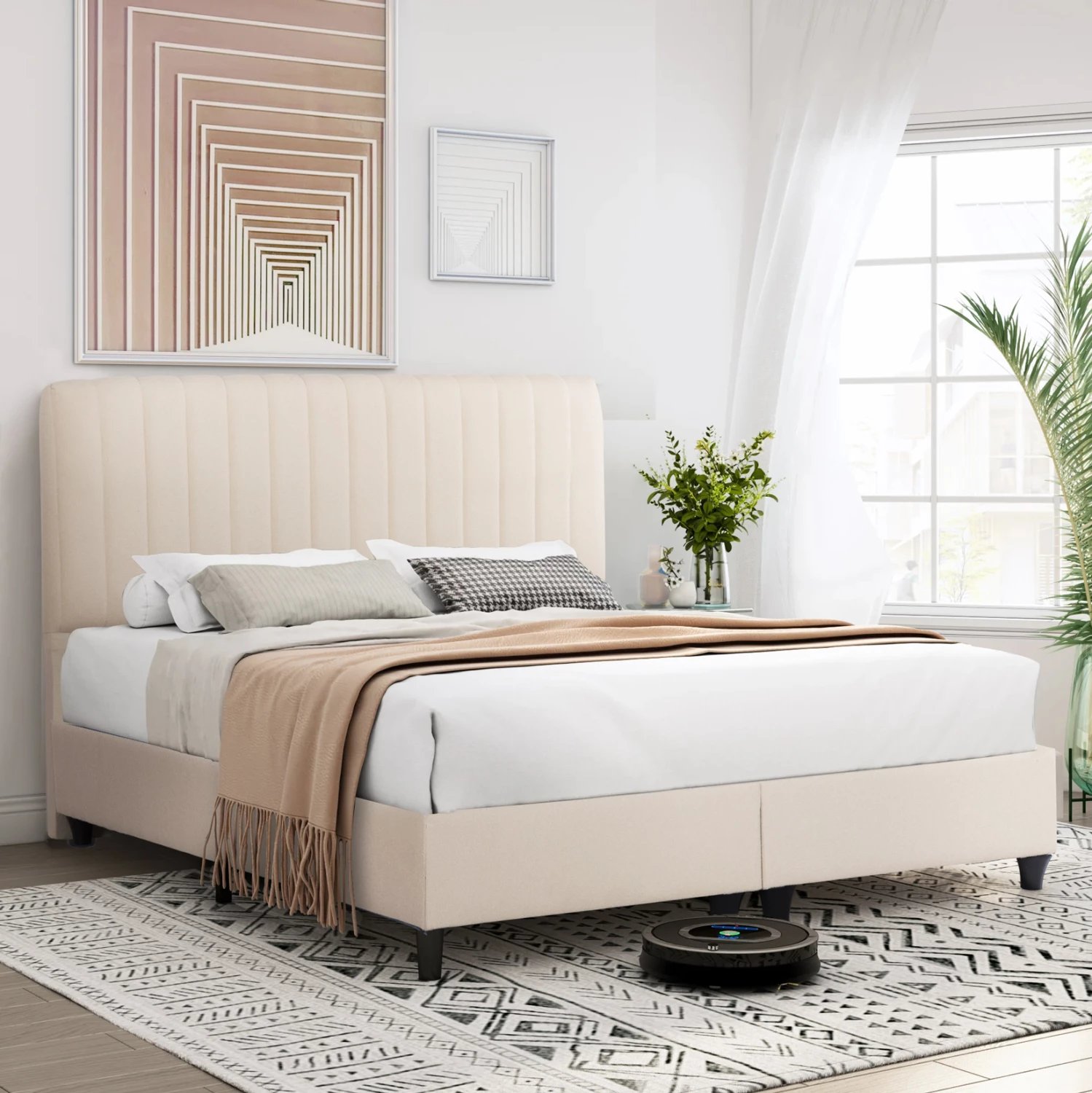 Krevat dopio LUTHER, material stof, ngjyrë bezhë, për dyshek 160x200cm