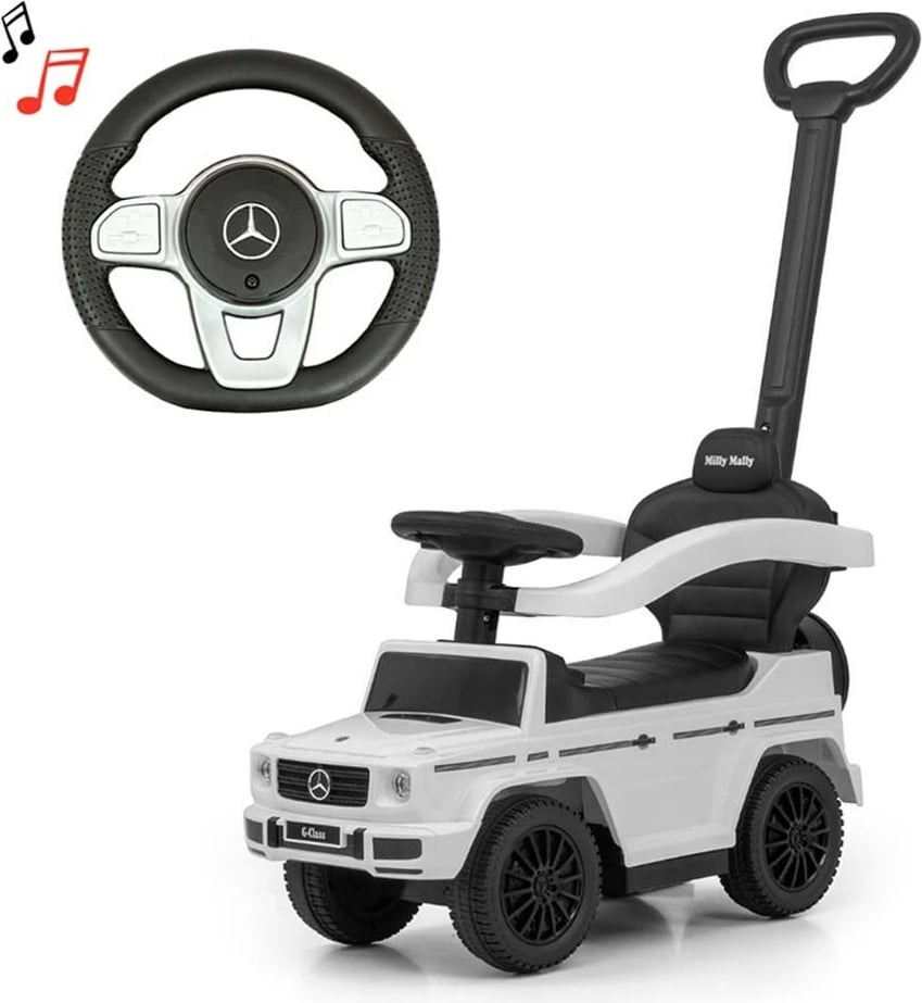 makinë shtytëse për fëmijë me dorezë, Milly Mally, Mercedes G350d, me dorezë udhëzuese, sedilje me hapësirë ruajtjeje, 12–36 muaj, 25 kg, e bardhë