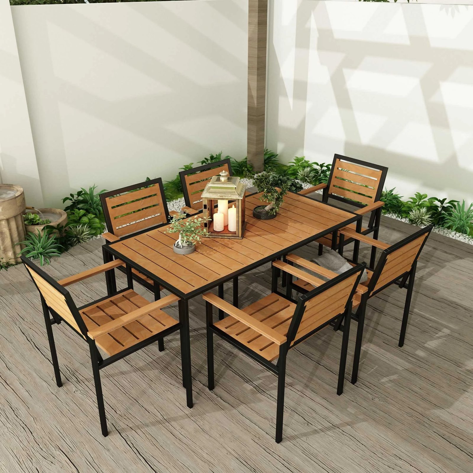 Tavolinë me karrige për terasë, 7 copë, ngjyrë teak, Skye Decor, CPT7707-150