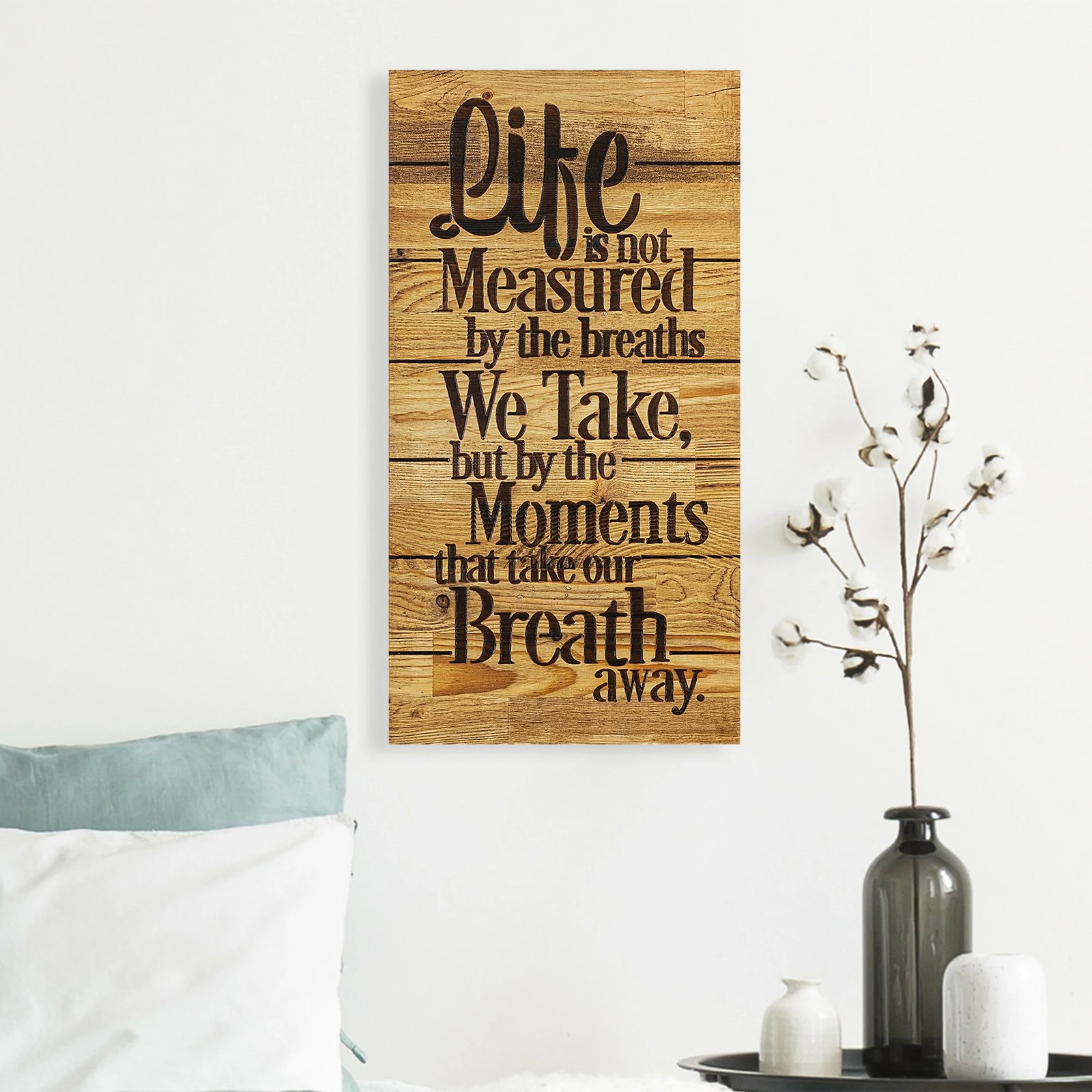 Aksesor dekorativ prej druri për mur, Wallity, Life Is Not Measured By, ngjyrë arre dhe e zezë, 30x3x58cm