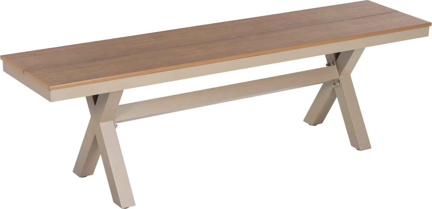 Stol alumini, ngjyrë shampanjë, sipërfaqe tavoline polivudi, ngjyrë druri natyral, 150x36x45H cm