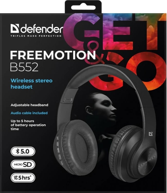 Kufje wireless Defender Freemotion B552 me mikrofon, e zezë