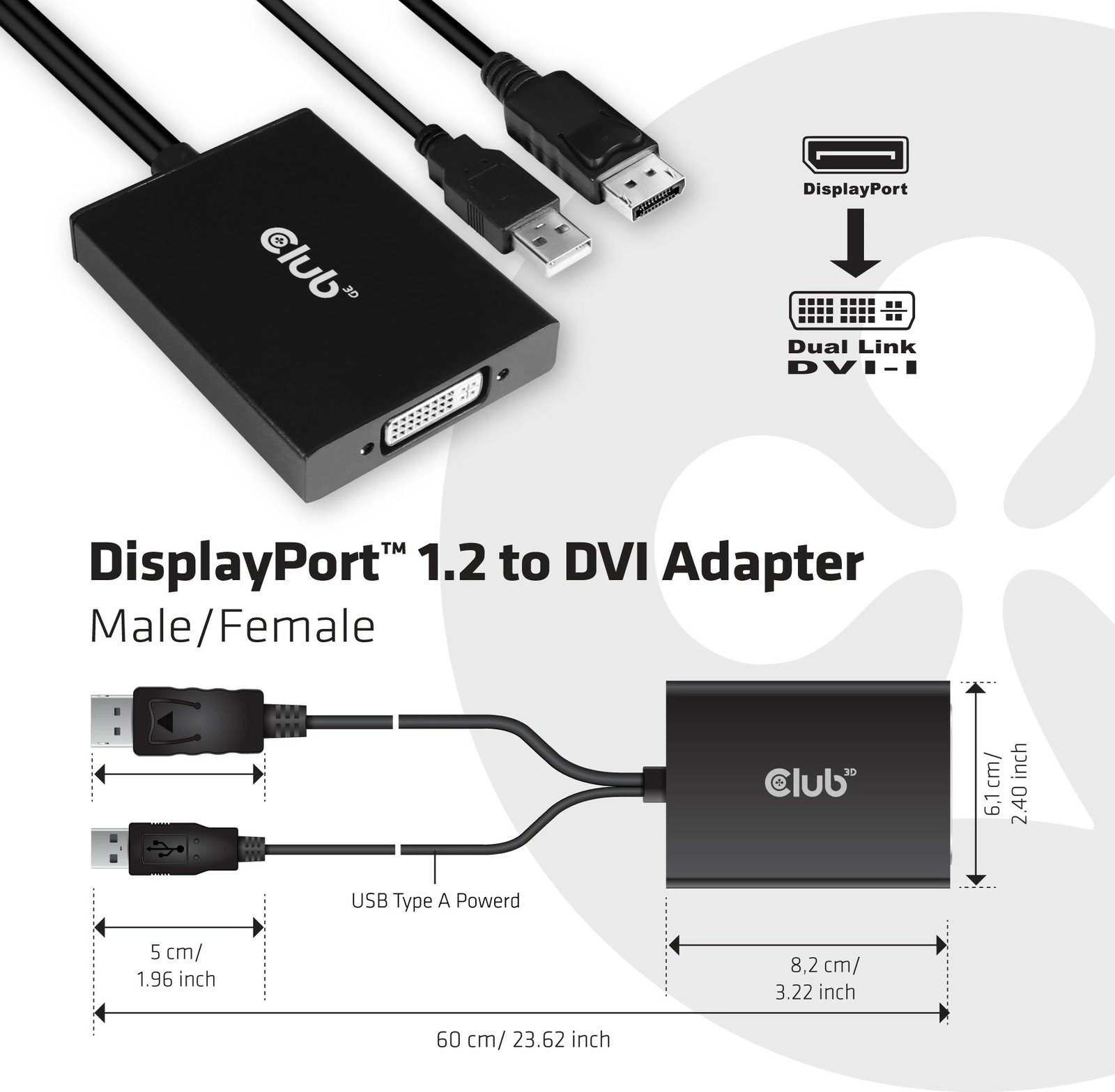 Adapter DisplayPort në DVI-D Dual Link Club3D CAC-1010, 0.6m, i zi/bardhë