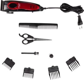 Makinë qethëse, Adler, AD 2825, teh çeliku inox 45 mm, 4 krehra 3-12 mm, kabllo 1.9 m, 15 W, prizë C, e kuqe/zezë, set me brushë gërshërë dhe vaj