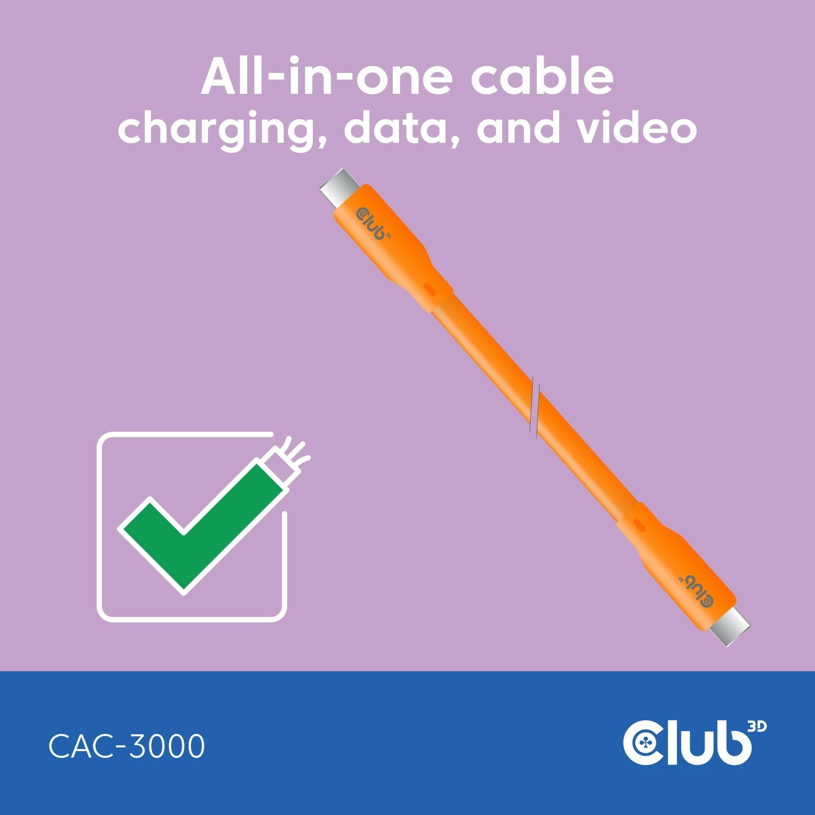 Kabllo USB-C Club3D CAC-3000, 2m, 240W, 20Gbps, portokalli