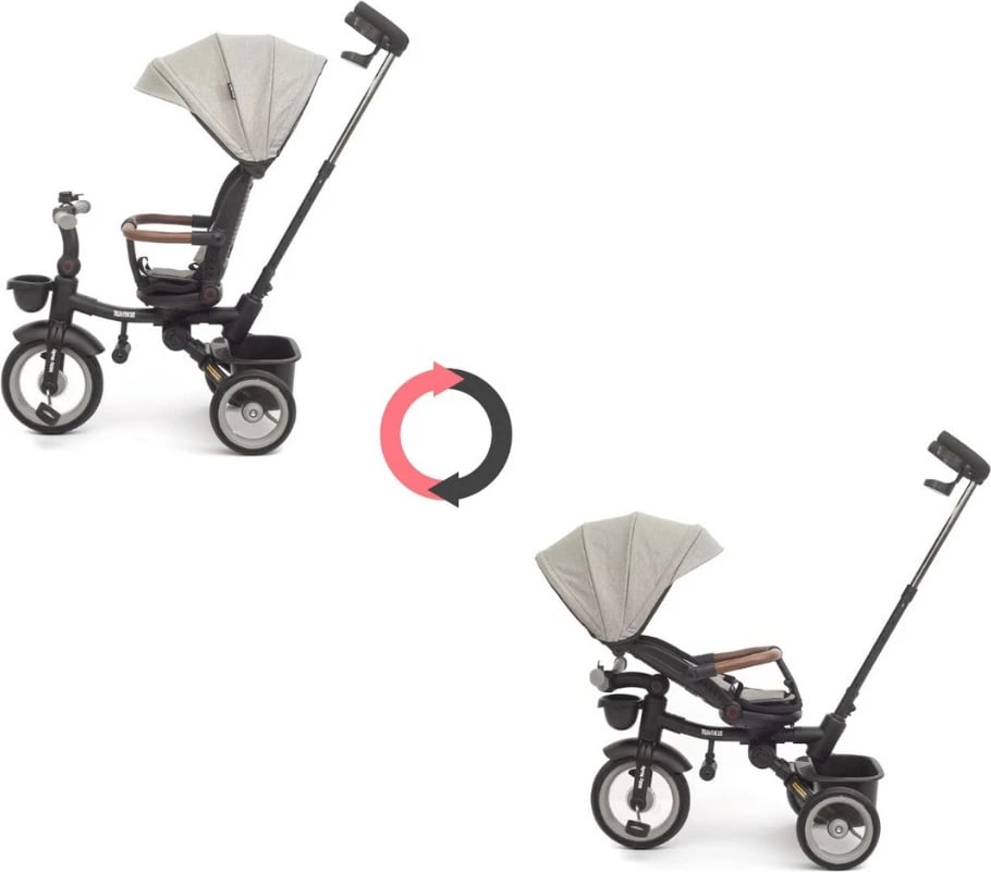 tricikletë për fëmijë, Milly Mally Twinkle, sedilje rrotulluese 180°, timon prindëror i rregullueshëm, dritë LED, kornizë çeliku, gri