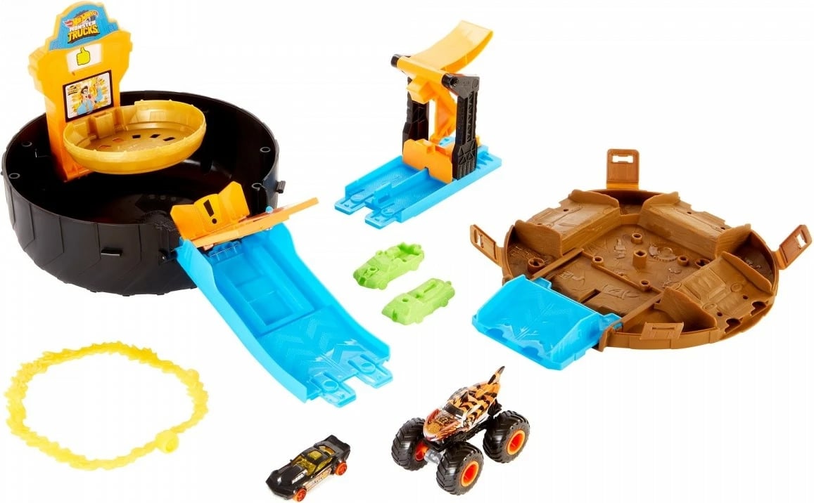 Set lodrash Hot Wheels Monster Trucks Stunt Arena Tire me makinë Tiger Shark dhe makinë Hot Wheels, zi/portokalli