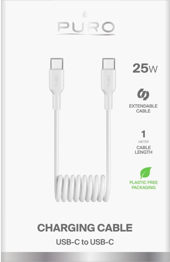 Kabllo spiral USB-C në USB-C Puro PUCCC25WSPWHI, 1m, 25W, Bardhë