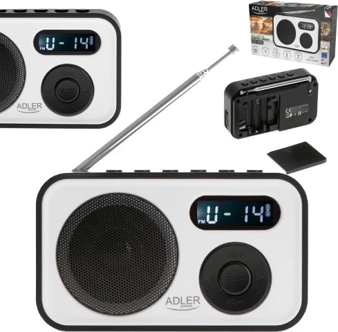 radio digjitale PLL AM/FM Adler AD 1906, LCD, 20+20 memorje, USB‑C, dalje kufje 3.5 mm, 0.8 W, bardh e zi